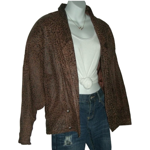 Vintage 90s G-III Leather Jacket Cropped Puffy Jacket Brown Tribal Boho Western - Picture 4 of 15
